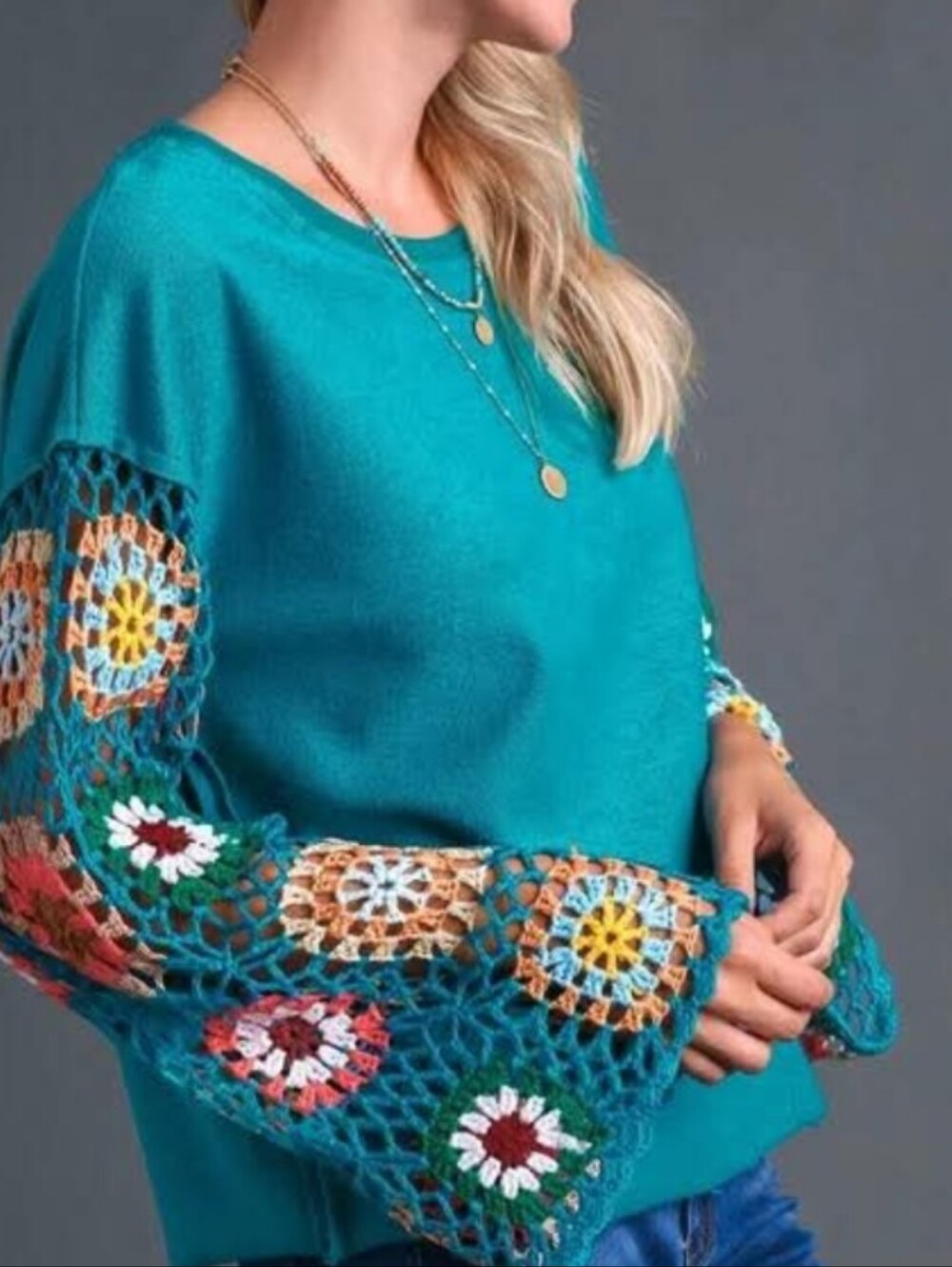 Umgee Teal French Terry Top Crochet Sleeves NWT Size M - Picture 3 of 6